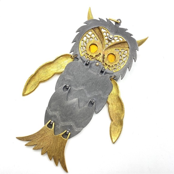Vintage Owl Pendant Articulated Pewter & Gold Mixed Metals - Picture 7 of 8